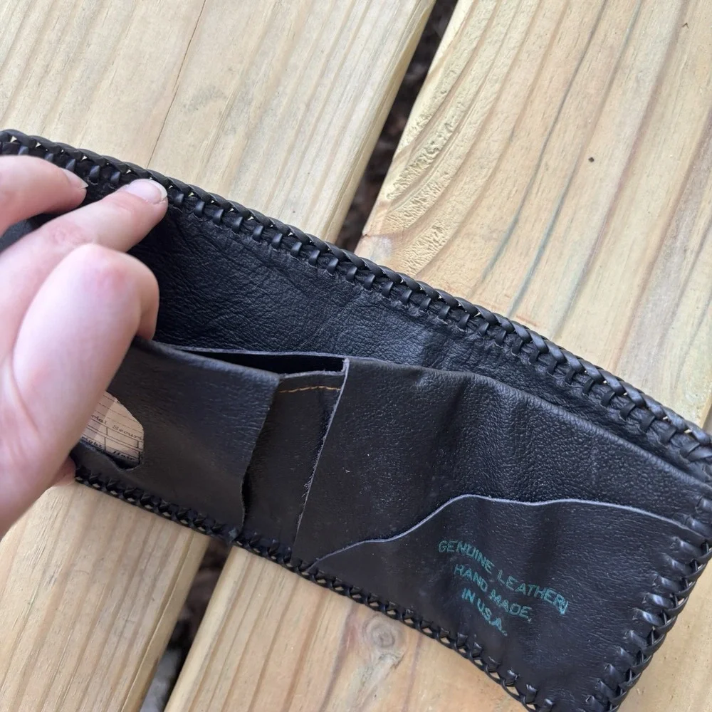 Vintage Leather Wallet Whipstitch Bifold Hand Tooled USA Made Tractor Farmer